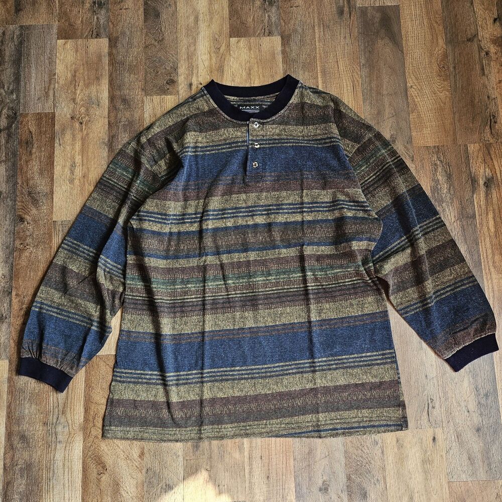 Vintage Maxx FM Striped Henley Shirt XL Oversized 90s Earth Tones Gorpcore